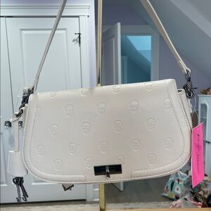Betsey Johnson White Embossed Skull Leather Shoulder Bag NWT